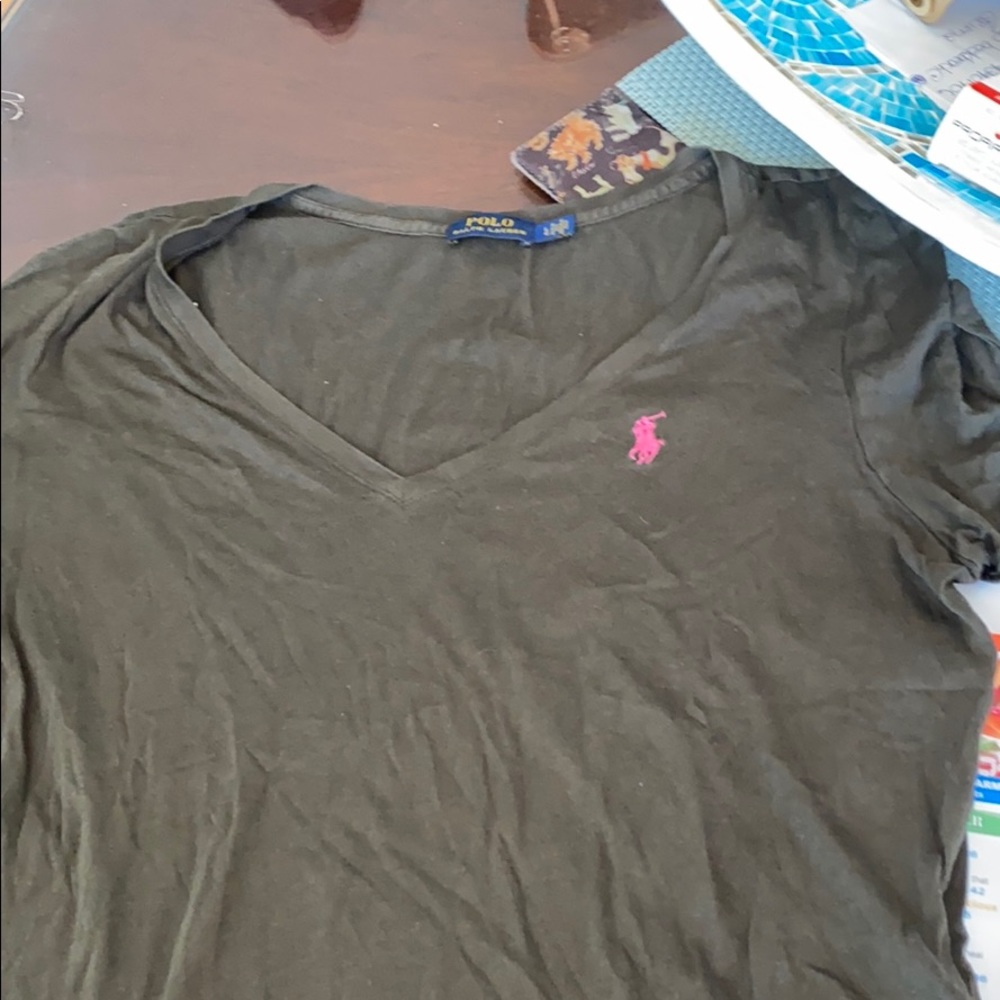 Women’s polo dark green V-neck with pink horse